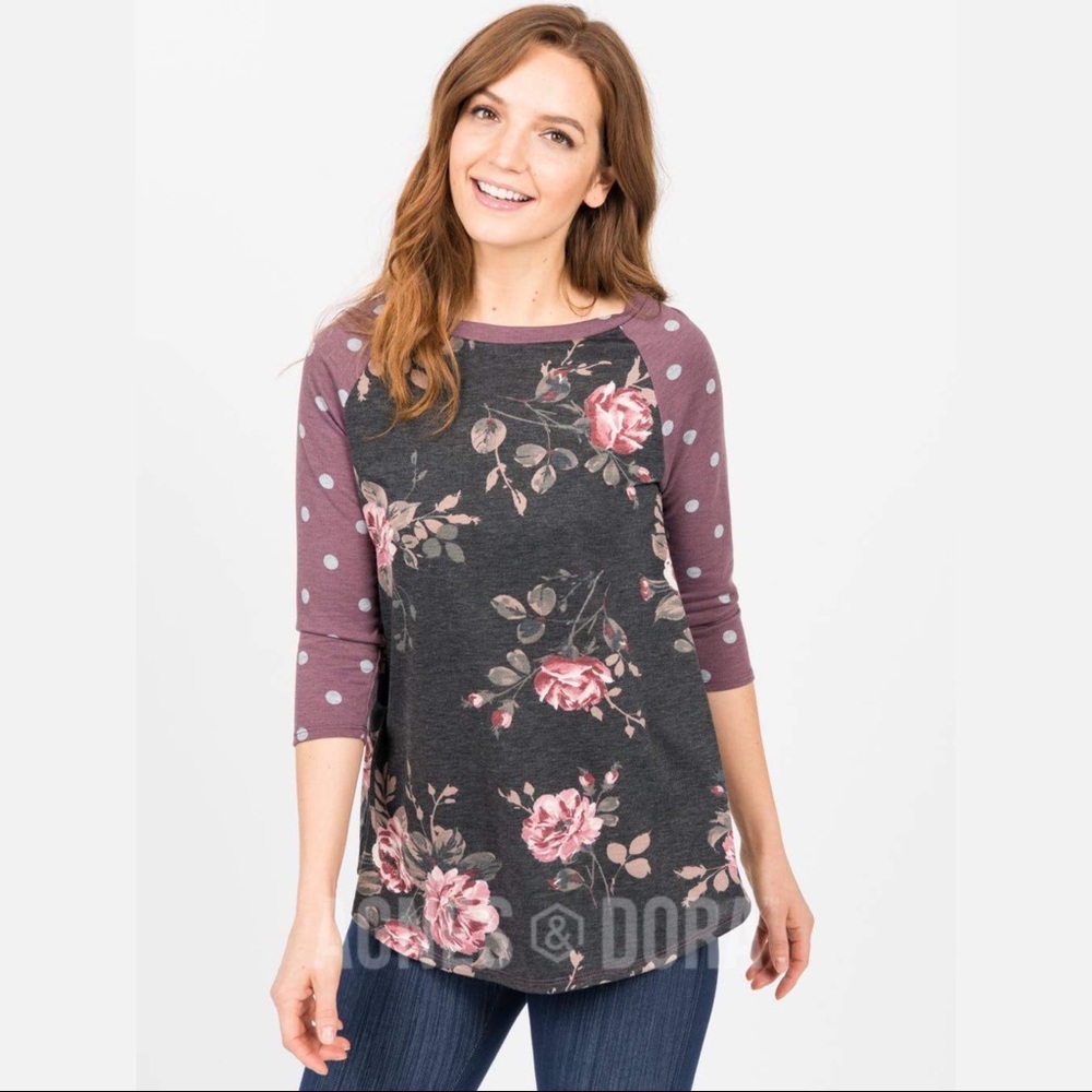 Agnes & Dora Raglan Everyday Tee Gray Floral Purple Dot Sleeves New With Tags